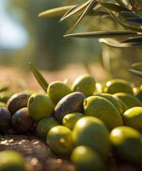 A variety of green and black olives scattered on the ground beneath olive trees. - Olive Oil Times