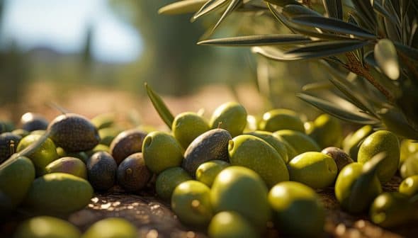 A variety of green and black olives scattered on the ground beneath olive trees. - Olive Oil Times
