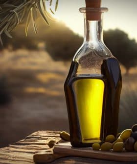 Glass bottle filled with olive oil next to a small bowl of olives on a wooden surface. - Olive Oil Times