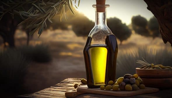 Glass bottle filled with olive oil next to a small bowl of olives on a wooden surface. - Olive Oil Times