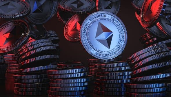 3D rendering of Ethereum coins stacked and floating in a dark background with red and blue lighting. - Olive Oil Times