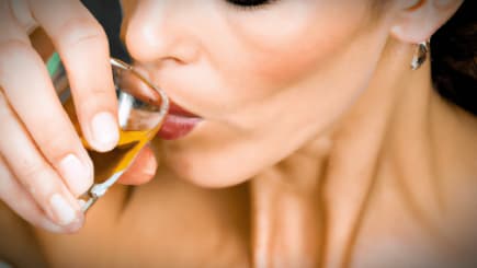 Close-up of a woman taking a sip from a small glass containing a golden liquid. - Olive Oil Times