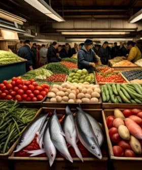 A market scene featuring various fresh vegetables, fruits, and fish arranged in wooden crates. - Olive Oil Times