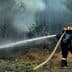 Firefighters using a hose to extinguish flames in a forested area during a wildfire. - Olive Oil Times