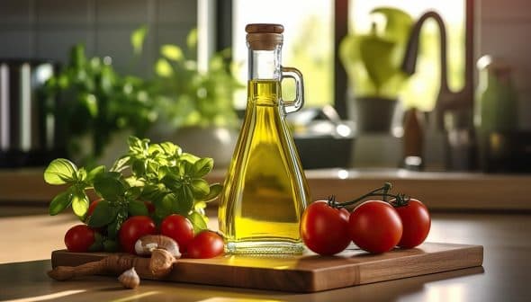 Glass bottle of olive oil surrounded by fresh tomatoes and basil on a wooden cutting board. - Olive Oil Times