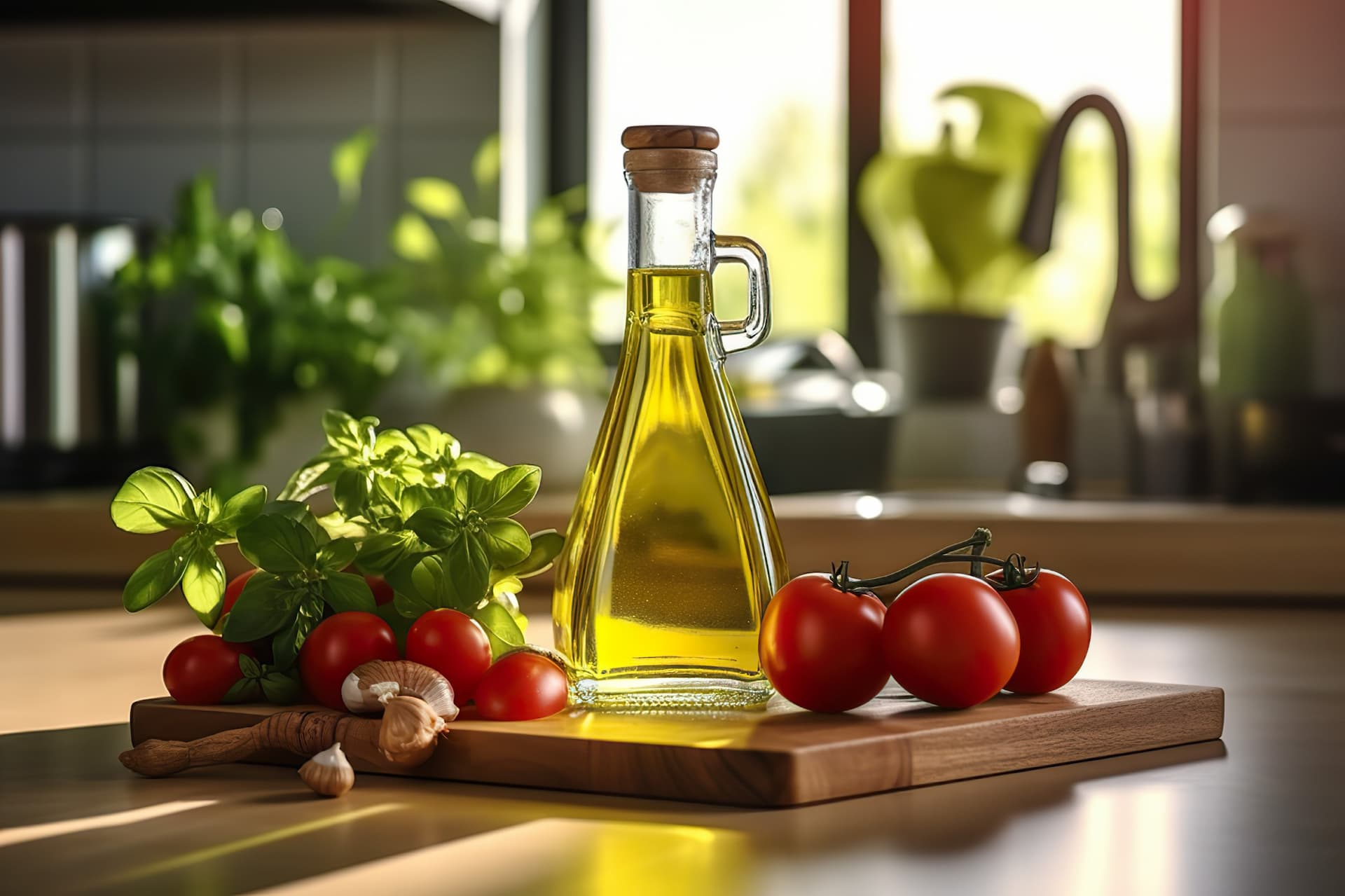 Glass bottle of olive oil surrounded by fresh tomatoes and basil on a wooden cutting board. - Olive Oil Times