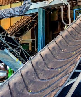 Industrial conveyor belt system with multiple inclined belts and metal framework. - Olive Oil Times