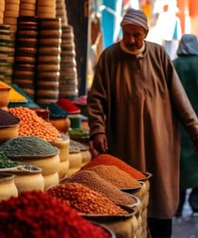 A man in traditional attire walking past colorful spice displays in a market setting. - Olive Oil Times
