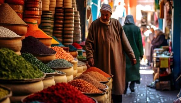 A man in traditional attire walking past colorful spice displays in a market setting. - Olive Oil Times