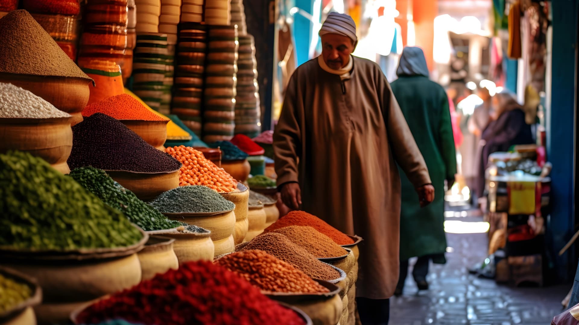 A man in traditional attire walking past colorful spice displays in a market setting. - Olive Oil Times
