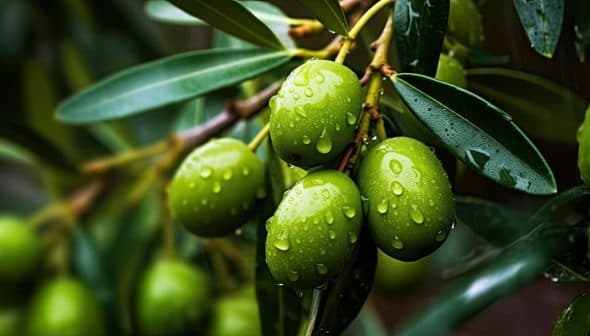 Close-up of green olives on a branch with water droplets on leaves and fruit. - Olive Oil Times