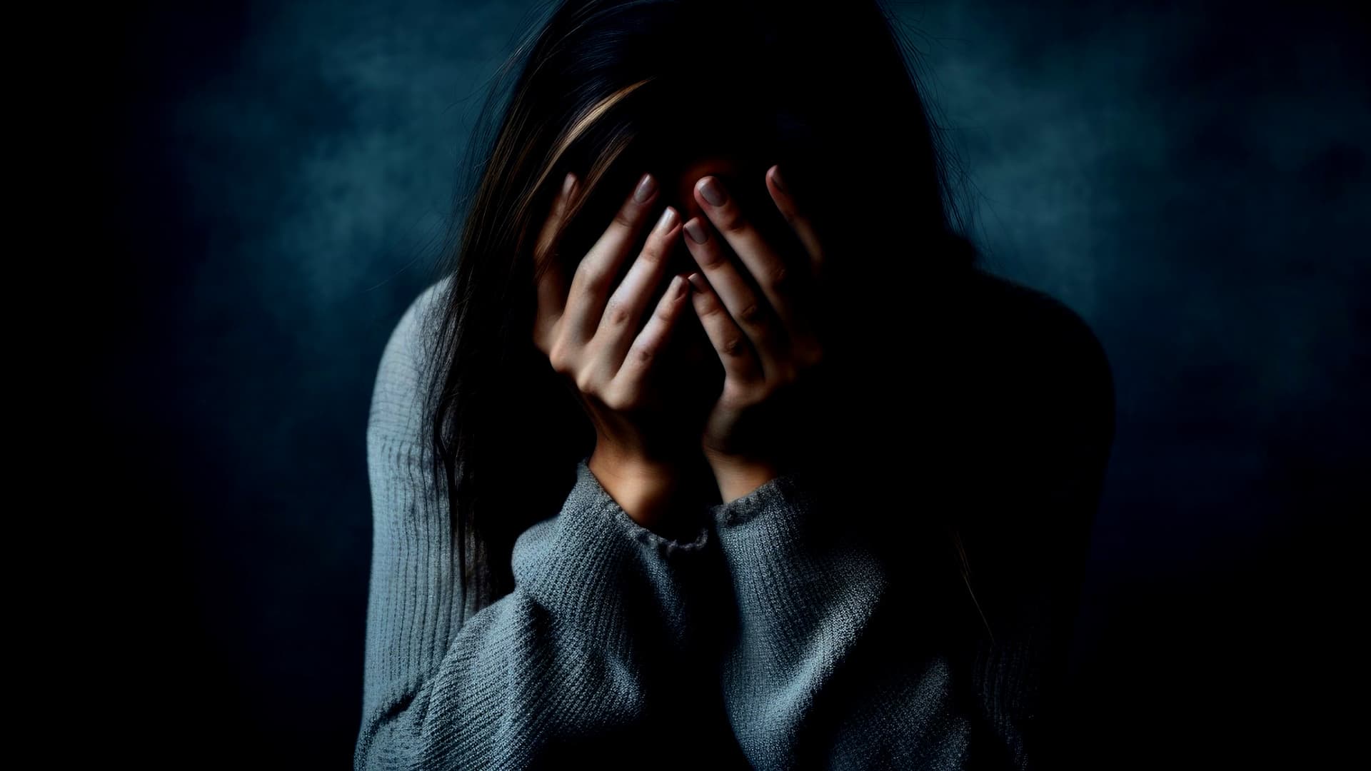 Individual with long dark hair covering their face with hands, wearing a gray sweater against a dark background. - Olive Oil Times