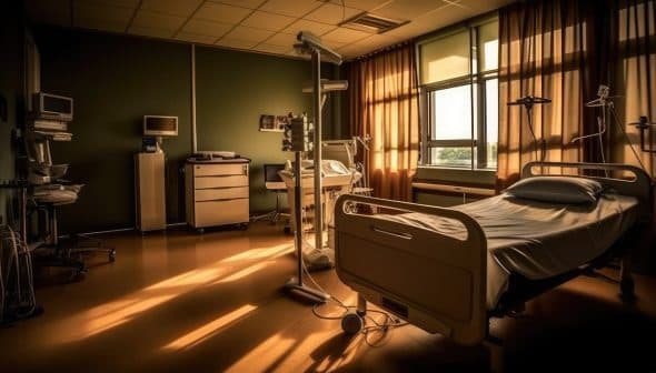 A hospital patient room featuring a bed, medical equipment, and natural light streaming through the windows. - Olive Oil Times