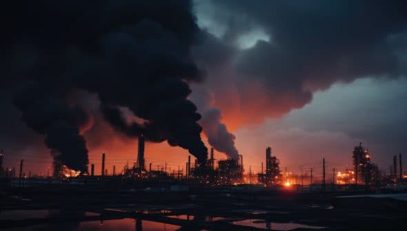 Oil refinery with smoke billowing from chimneys against a dark sky at dusk. - Olive Oil Times