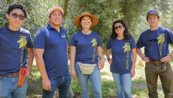 Five individuals wearing matching shirts standing together at an olive center. - Olive Oil Times