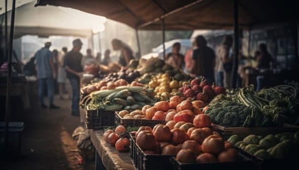 Various fruits and vegetables displayed on tables at a market stall during the day. - Olive Oil Times