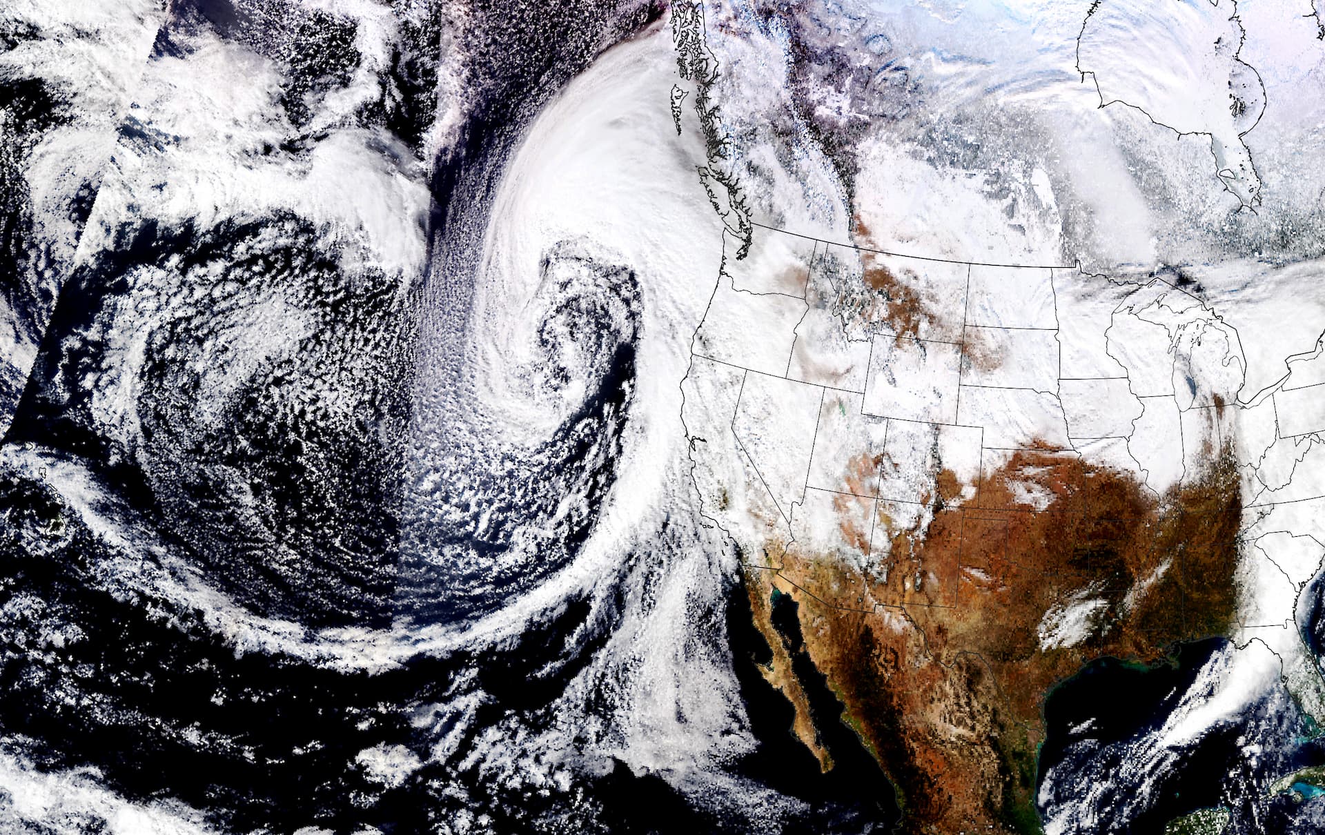 Satellite image showing a weather system swirling off the west coast of North America with cloud formations. - Olive Oil Times