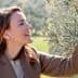 Woman with long brown hair picking olives from an olive tree branch in an outdoor setting. - Olive Oil Times