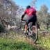 A mountain biker in a red shirt and backpack riding on a trail surrounded by olive trees and wildflowers. - Olive Oil Times