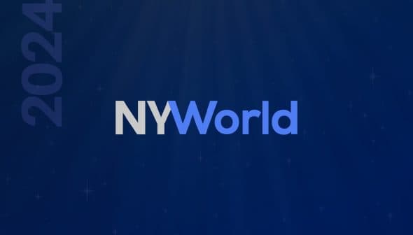 Logo design for NYWorld 2024 featuring the text 'NYWorld' in a stylized font on a blue background. - Olive Oil Times