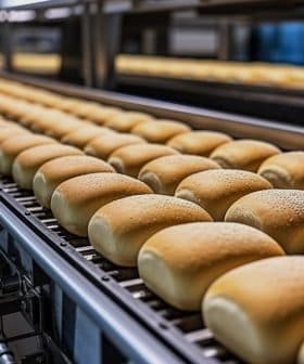 Freshly baked bread rolls arranged on a conveyor belt in a production facility. - Olive Oil Times