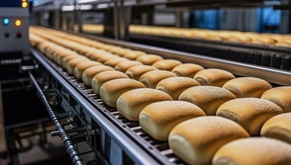 Freshly baked bread rolls arranged on a conveyor belt in a production facility. - Olive Oil Times