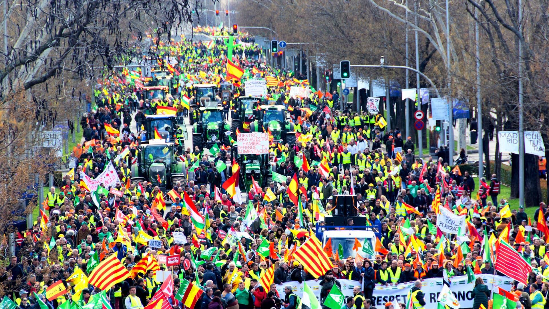 A large crowd of demonstrators with tractors and flags participating in a protest. - Olive Oil Times