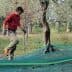 A man wearing a red shirt and gloves walking through an olive grove with green nets on the ground. - Olive Oil Times