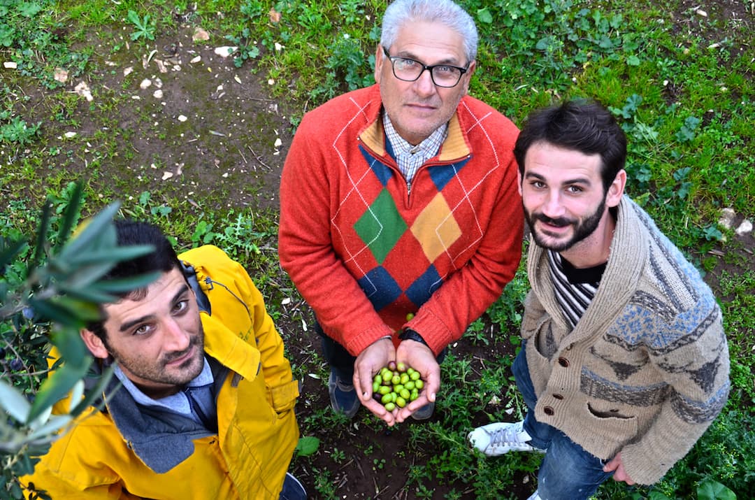 Three men standing together, one holding a bowl of green olives in their hands. - Olive Oil Times