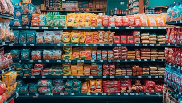 A grocery store aisle displaying various packaged food items on shelves. - Olive Oil Times