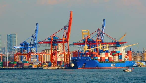 Large blue container ship docked at a port with red and blue cranes in the background. - Olive Oil Times