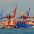 Large blue container ship docked at a port with red and blue cranes in the background. - Olive Oil Times