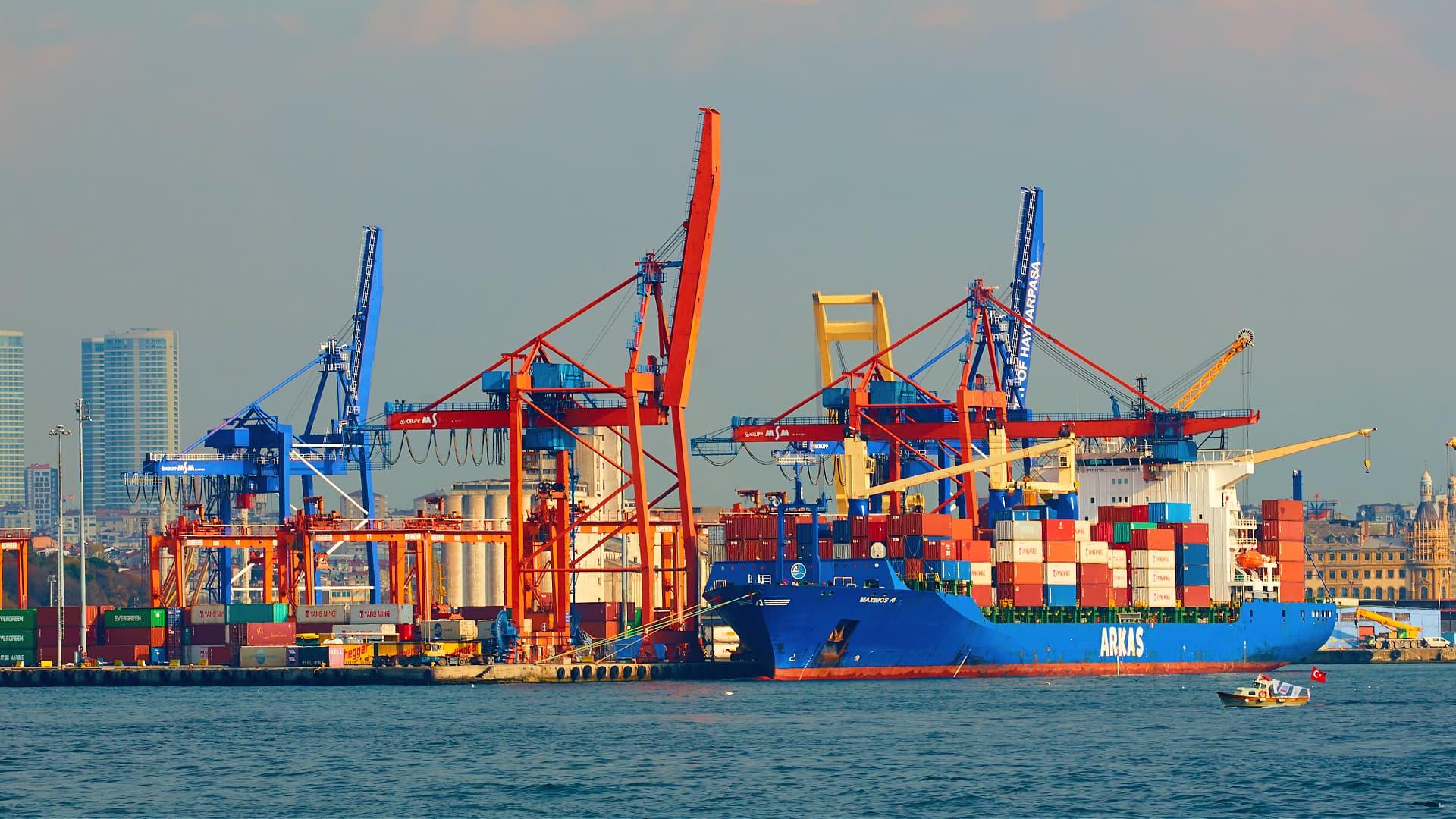 Large blue container ship docked at a port with red and blue cranes in the background. - Olive Oil Times