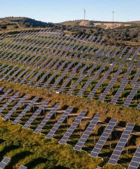 Aerial view of solar panels arranged in rows on a hillside with wind turbines in the background. - Olive Oil Times