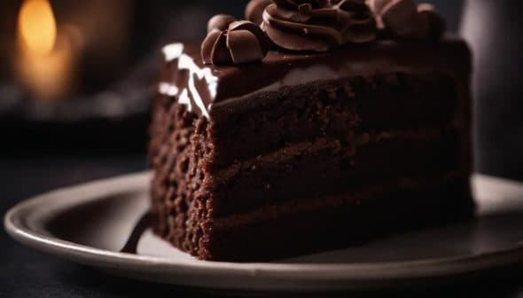 Slice of chocolate layer cake with chocolate frosting and decorative swirls on top. - Olive Oil Times