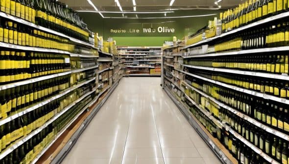 A supermarket aisle lined with shelves of olive oil bottles in various sizes and packaging. - Olive Oil Times