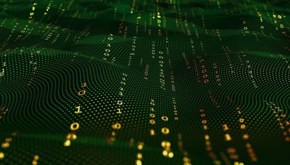 Abstract representation of green binary code with flowing patterns and numbers in a digital landscape. - Olive Oil Times