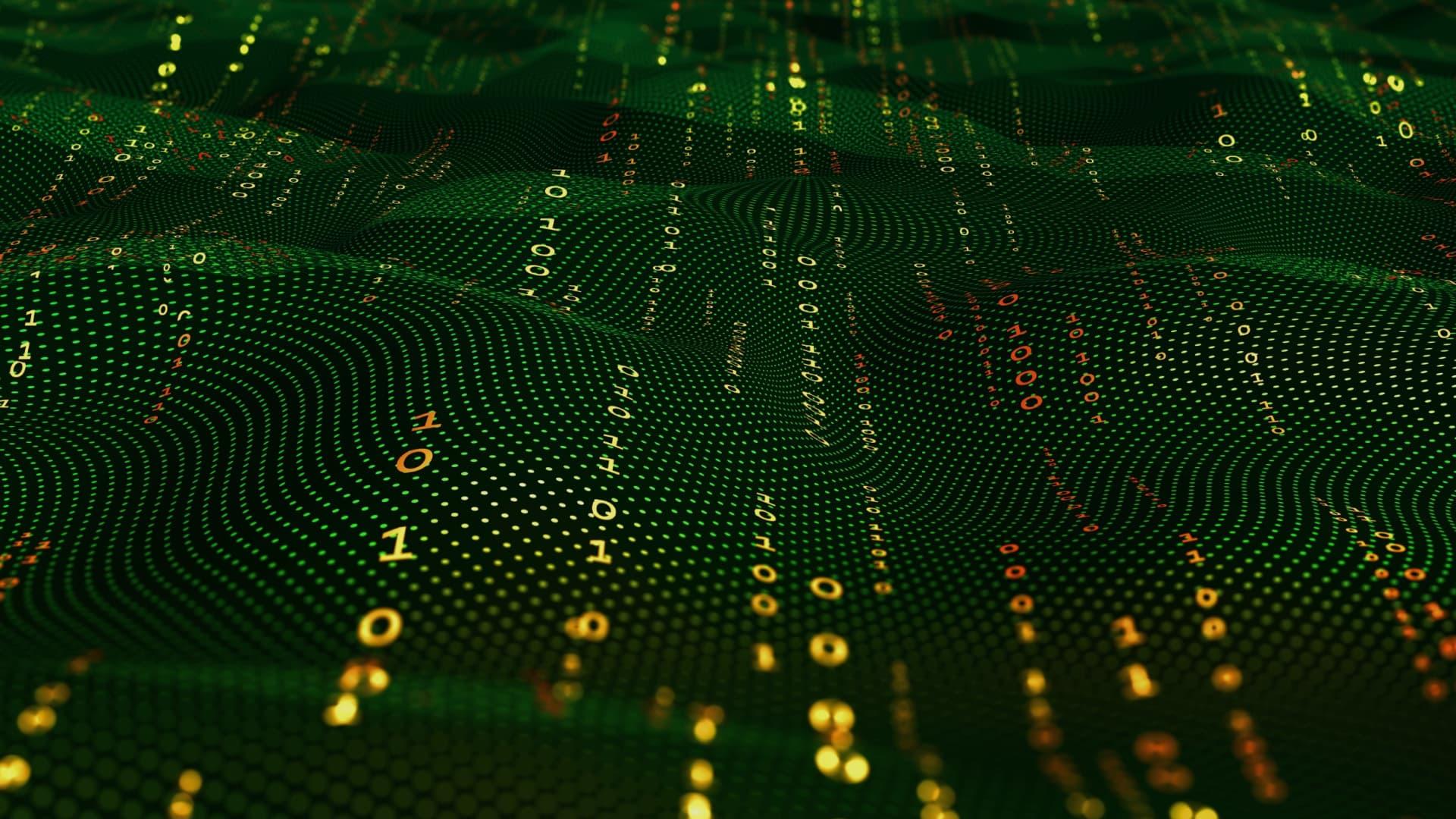 Abstract representation of green binary code with flowing patterns and numbers in a digital landscape. - Olive Oil Times