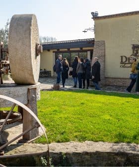 Old stone olive oil pressing equipment displayed outdoors near a building with visitors observing. - Olive Oil Times