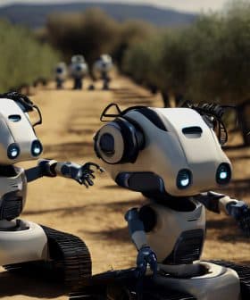 Two small robotic harvesters with cameras and tracks in an olive grove. - Olive Oil Times