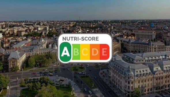 Aerial view of Bucharest cityscape with a Nutri-Score logo overlay in the center. - Olive Oil Times