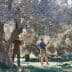 Two individuals using long poles to harvest olives from trees in an orchard. - Olive Oil Times