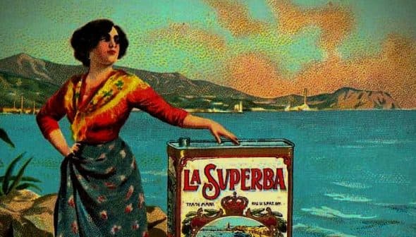 A vintage advertisement featuring a woman standing next to a can of La Superba olive oil by the sea. - Olive Oil Times