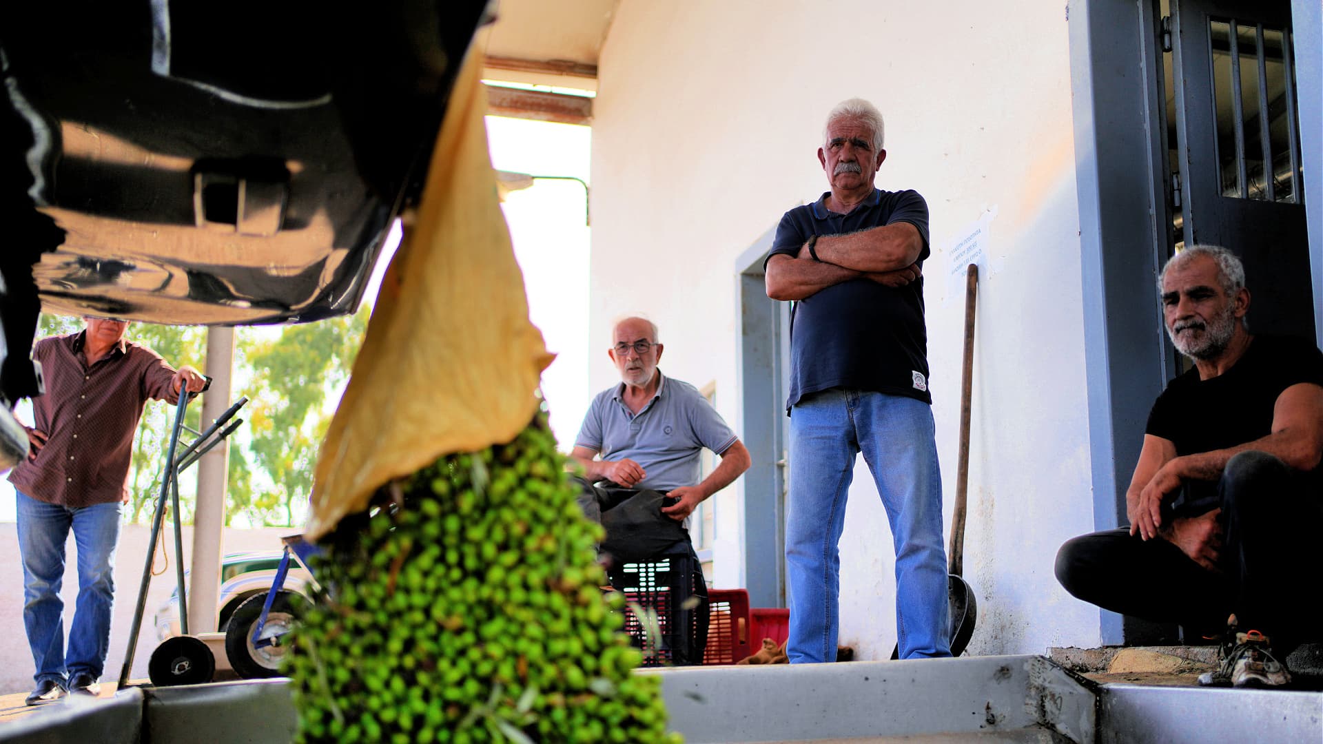 Four men observing the process of olive extraction in an indoor setting. - Olive Oil Times