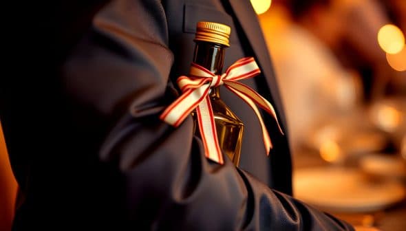 A bottle of olive oil tied with a ribbon held by a person in a suit. - Olive Oil Times