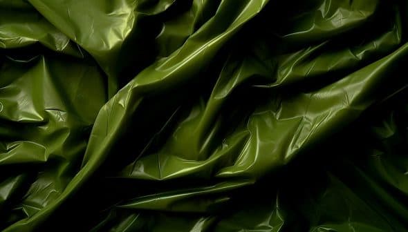 Wrinkled, shiny green fabric with light and shadow creating dynamic folds.