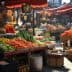 Outdoor market with various fruits and vegetables on display under red umbrellas, with vibrant colors and sunlight creating a lively atmosphere.