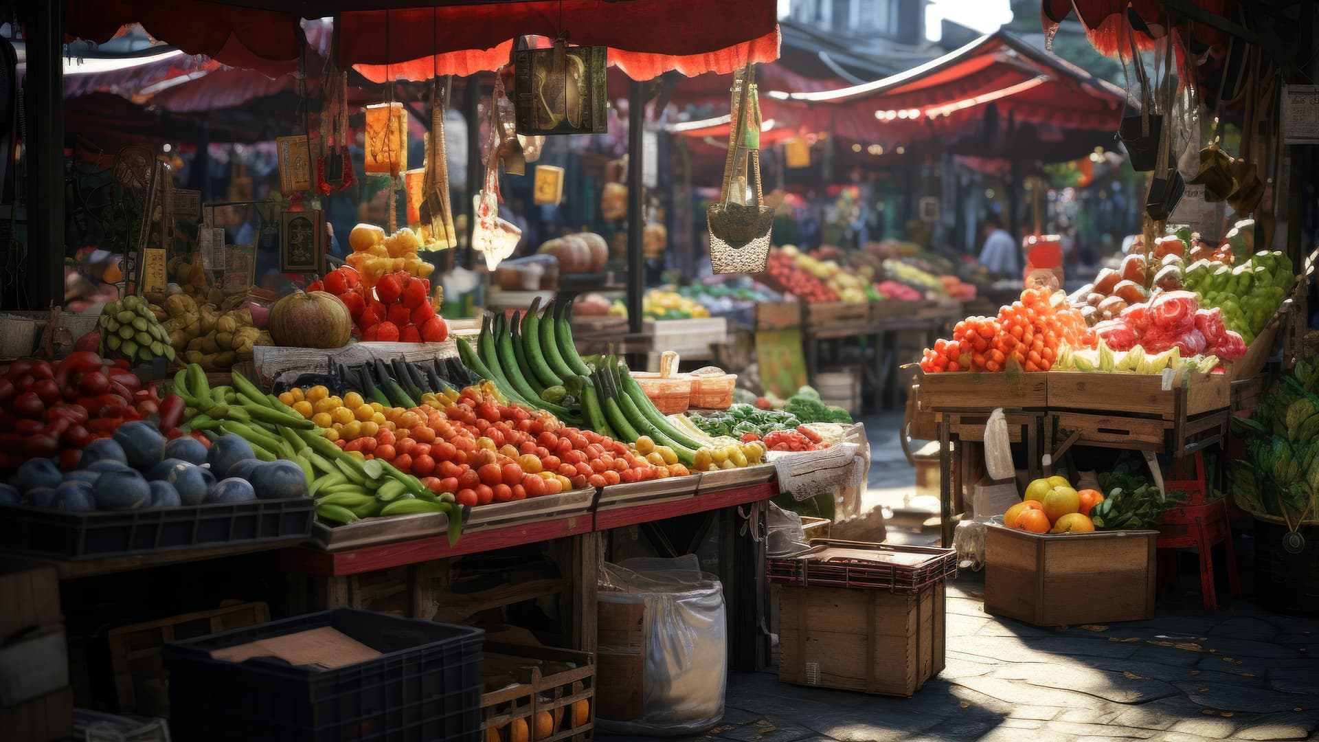 Outdoor market with various fruits and vegetables on display under red umbrellas, with vibrant colors and sunlight creating a lively atmosphere.