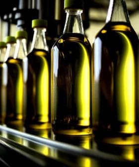 Bottles of olive oil in a factory assembly line