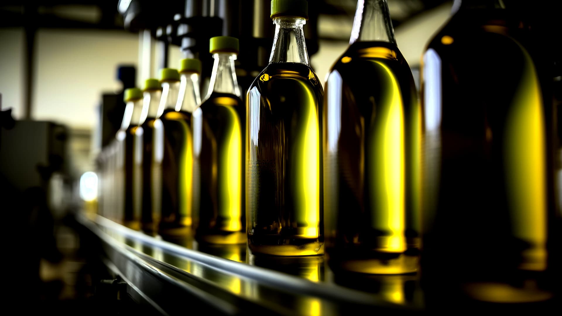 Bottles of olive oil in a factory assembly line